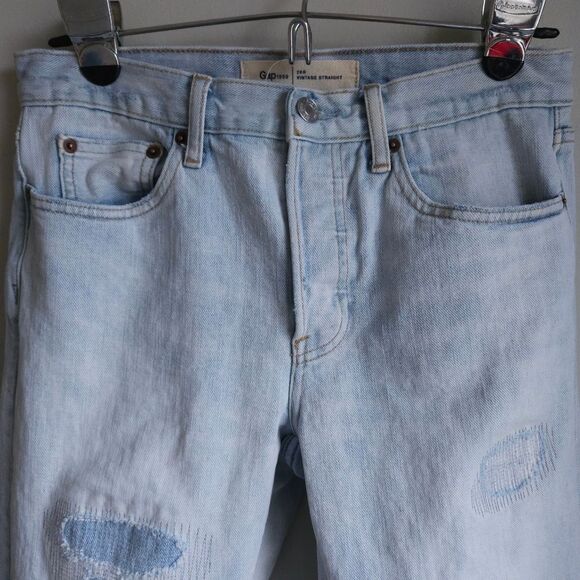 Gap Vintage Straight Patchwork Jeans Women's 26R Light Wash Distressed Mended - Picture 3 of 9